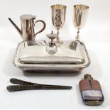 A silver plated entree dish, a spirit flask and various other silver plated items