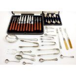 A set of fruit knives and forks with orange handles, cased and various silver plated cutlery