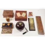 A playing card box and various treen