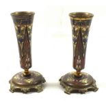 A pair of brass cloisonné enamel posy vases, 11cm high