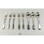 Five silver dessert forks, London 1903 together with three table spoons, London 1902, combined