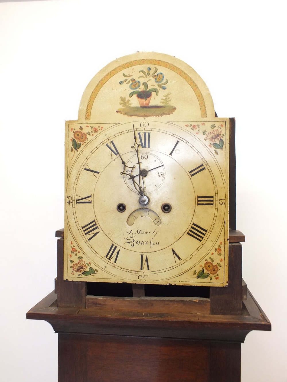 An 18th century oak longcase clock with painted dial by J Moseley, Swansea, eight day striking - Image 4 of 4