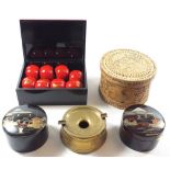 A group of lacquer boxes and coasters, a Russian box and Istanbul ashtray