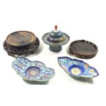 Two Chinese cloisonné enamel cup holders 15cm and 9.5cm a similar incense burner and two carved woo