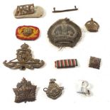 A group of eleven WWI and WWII cap and shoulder badges etc.