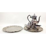 Two silver plated trays together with a silver plated teapot, sugar bowl and milk jug
