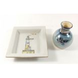 A vase decorated blackberries by Alvin Irving 11cm and a Chehoma dish painted lighthouse