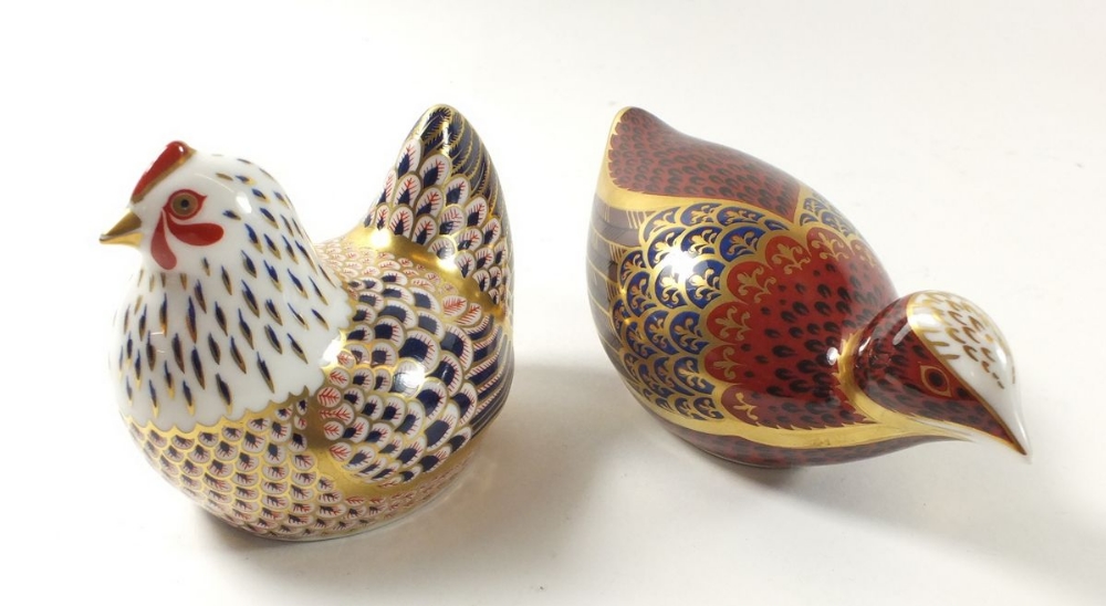 A group of two Royal Crown Derby Imari paperweights in the form of a chicken and coot (silver seals)