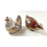 A group of two Royal Crown Derby Imari paperweights in the form of a chicken and coot (silver seals)