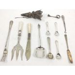 A group of silver plated cutlery, white metal filigree posy holder and silver handled button hook