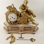 A French 19th century alabaster mantel clock with gilt spelter figure of Shakespeare, 34cm high