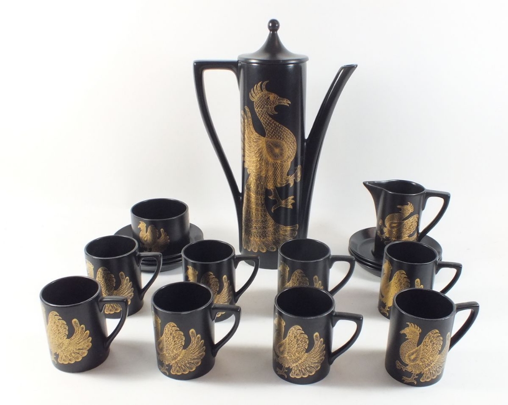 A Portmeirion 'Phoenix' pattern vintage coffee set comprising: eight cups, six saucers, sugar, jug