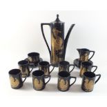 A Portmeirion 'Phoenix' pattern vintage coffee set comprising: eight cups, six saucers, sugar, jug