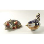 A group of two Royal Crown Derby Imari paperweights in the form of a catnip kitten and wren (gold