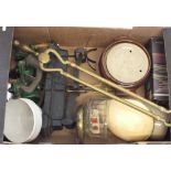 A box of kitchenalia including mincers, scales, fire irons etc.