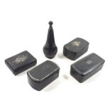 Four various lacquer/papier mache snuff boxes and an ebony turned snuff bottle