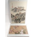A Chinese watercolour of bird and flowers, 31 x 16cm and Chinese landscape watercolour