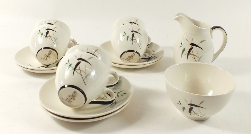 A Royal Doulton vintage Bamboo coffee set comprising: six cups and saucers, jug and sugar bowl