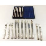 A silver fish cutlery part set comprising six knives and five forks and a set of silver handled