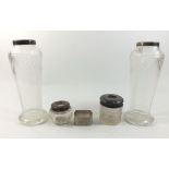 A pair of cut glass vases with silver rims - 20cm, two silver mounted dressing table pots and a