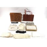 A snakeskin handbag, lizard skin handbag and various other evening bags and gloves etc.