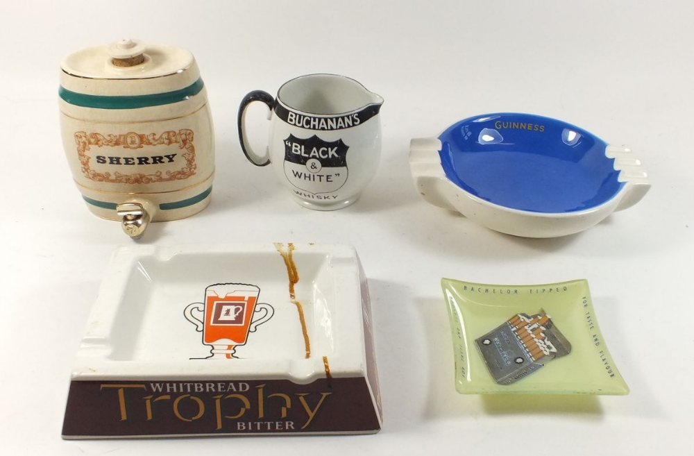 A group of Brewery bar advertising items including Guinness ashtray, Buchanan's jug etc.