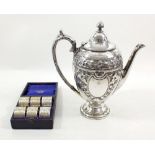 A Victorian silver plated coffe pot engraved ivy leaves and a boxed set of six silver plated and