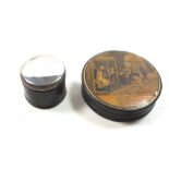 A 19th century lacquer snuff box with engraved print to lid 'Mr Bon Temps' and a circular dressing