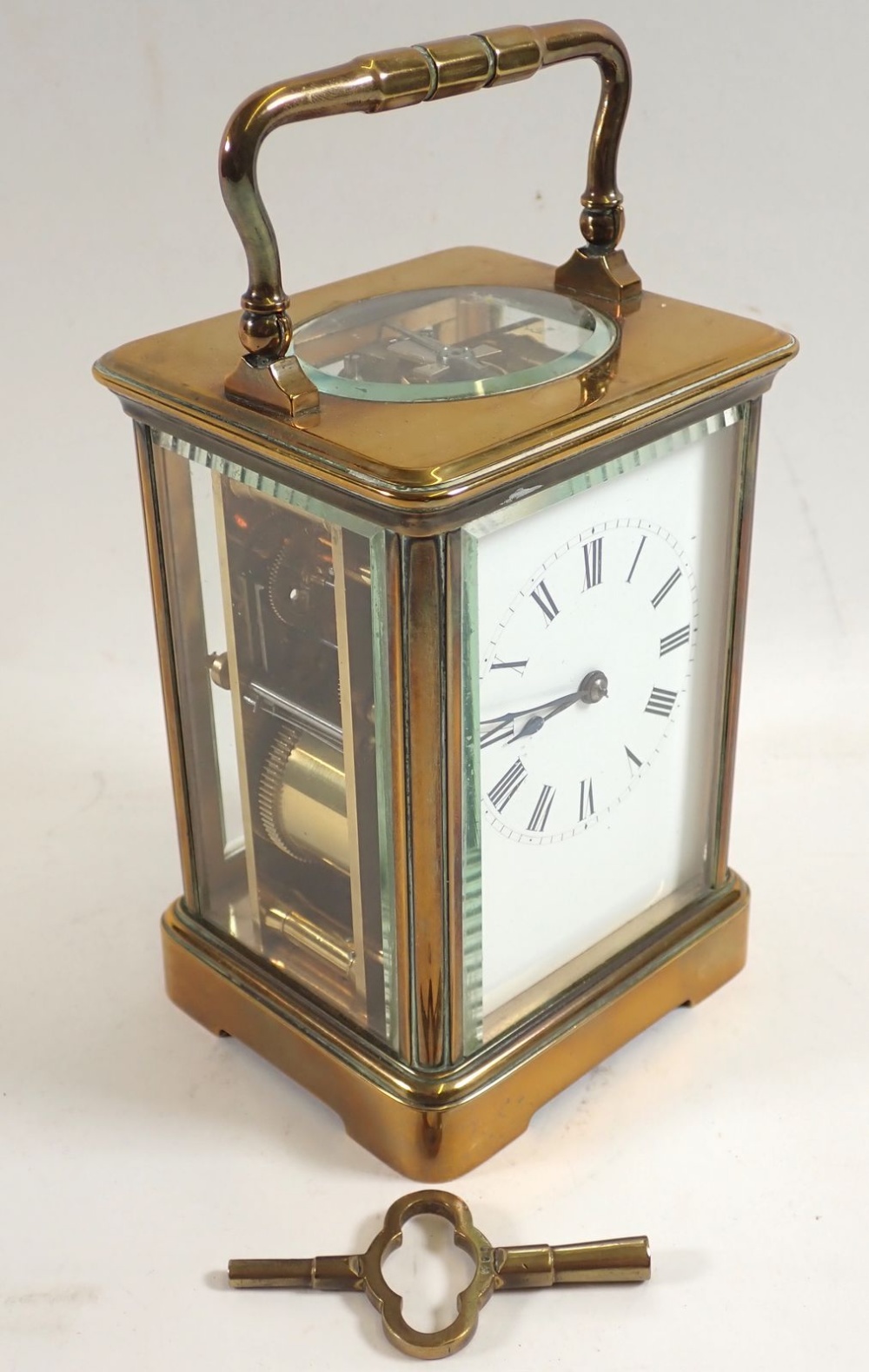 A 19th century brass striking carriage clock with key, 17.5cm tall - Image 2 of 4