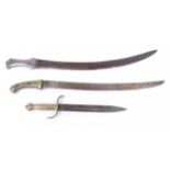 Three various side arms, incl. 19 ins curved blade with ribbed metal grips stamped 903