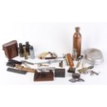 Mixed militaria to include leather cased binoculars, copper and brass water flask, mess tin and
