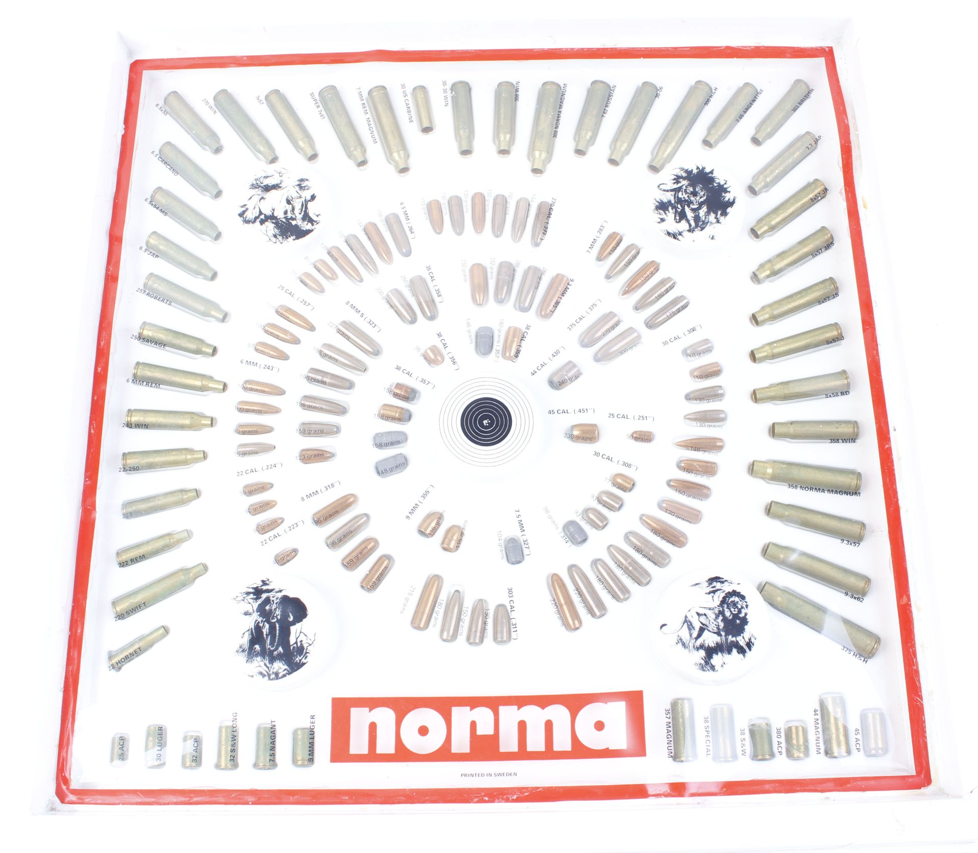 Norma cartridge and bullet display board, in original Norma plastic frame