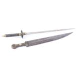 Heavy Kindjal type sword, 21¼ ins curved double edged blade with offset fuller and full tang, wood