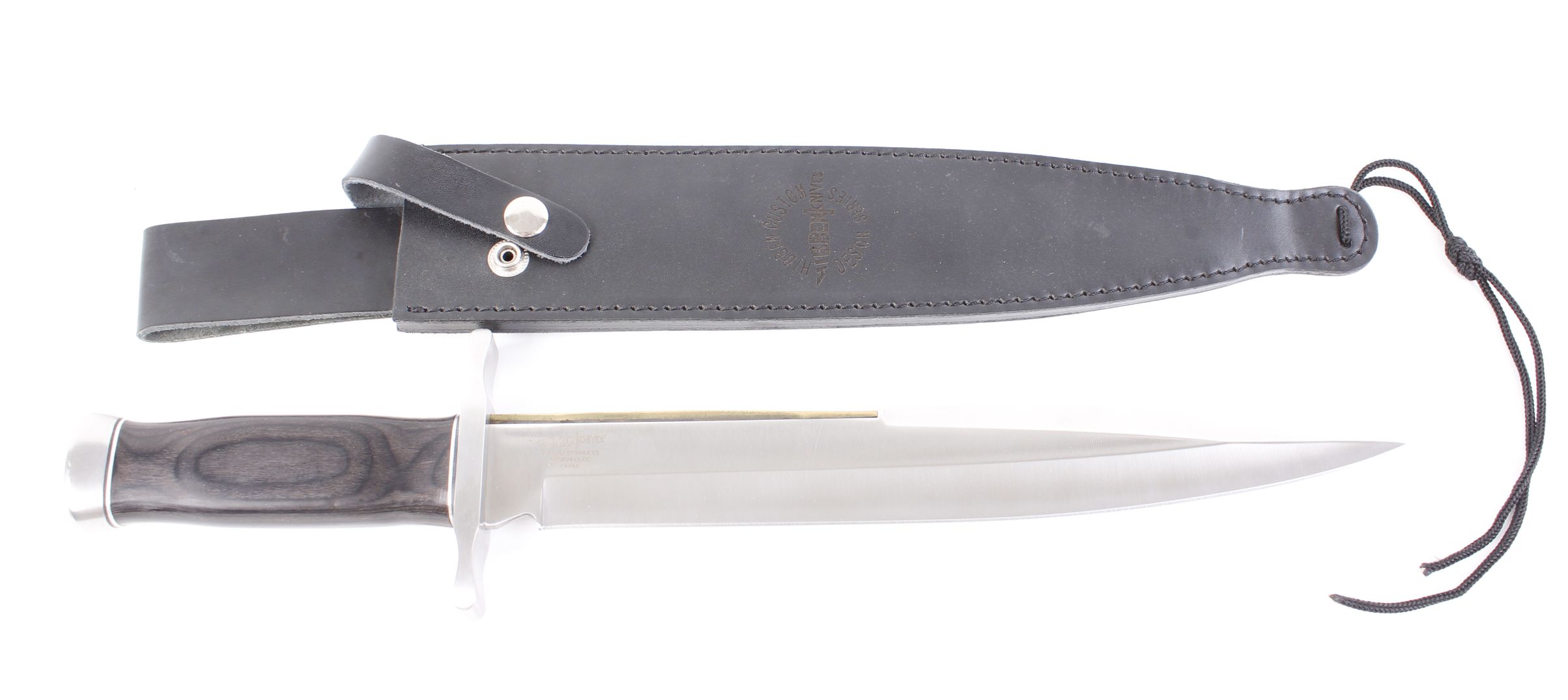 Hibben Custom sheath knife, 12 ins double edged stainless steel blade with inset brass ridge, - Image 2 of 4