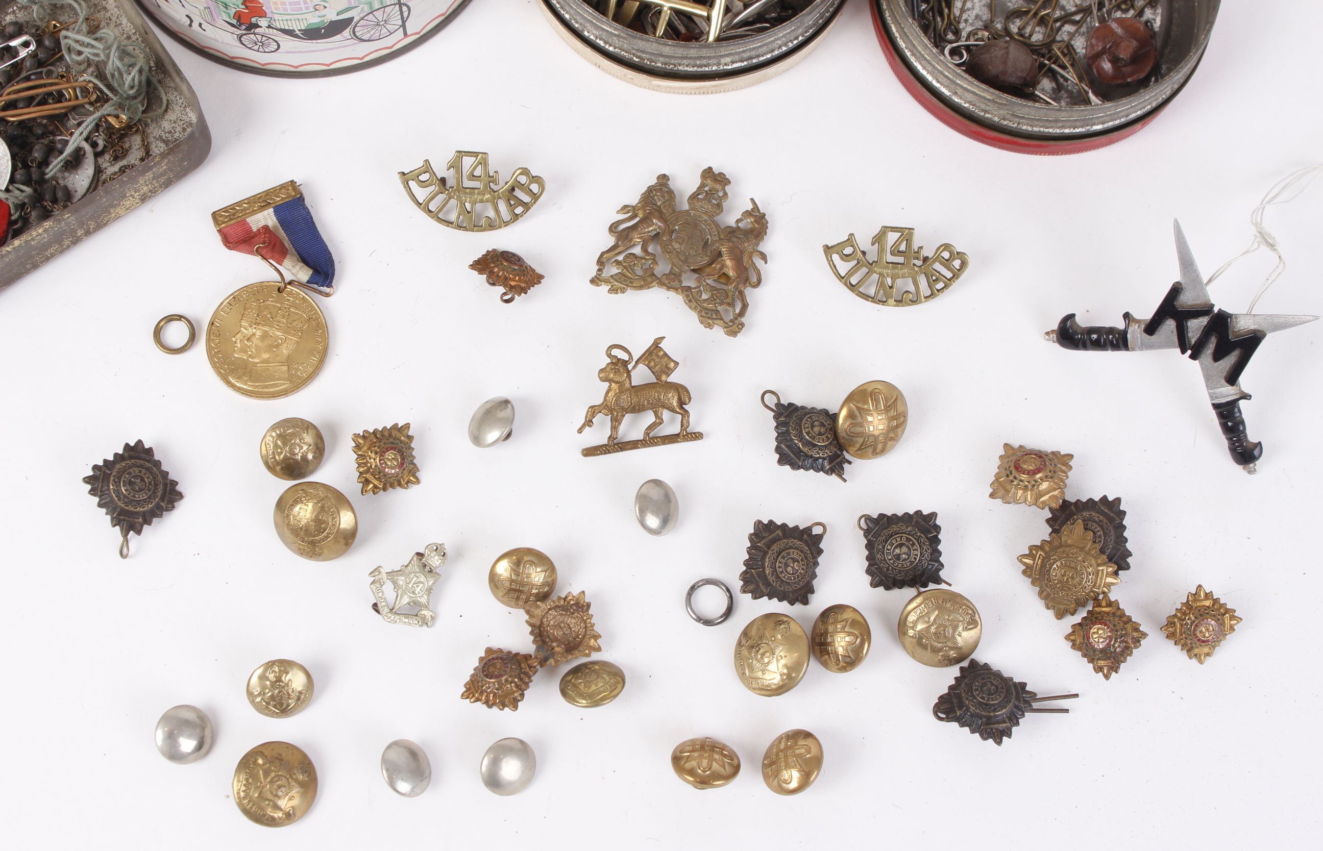 Five tins of miscellaneous military buttons; buckles; cap badges; epaulet rankings and travel mirror - Image 2 of 2