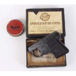 .22 blank Webley Sports starting pistol with 6 shot magazine and tin of Webley blanks in box