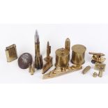 Trench art to include WW1 German brass shell cases, lighters, crucifix, inert rounds, together