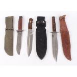 'Original' bowie knife, 8¼ ins blade, studded wood grips, in leather sheath; drop point knife, 7 ins