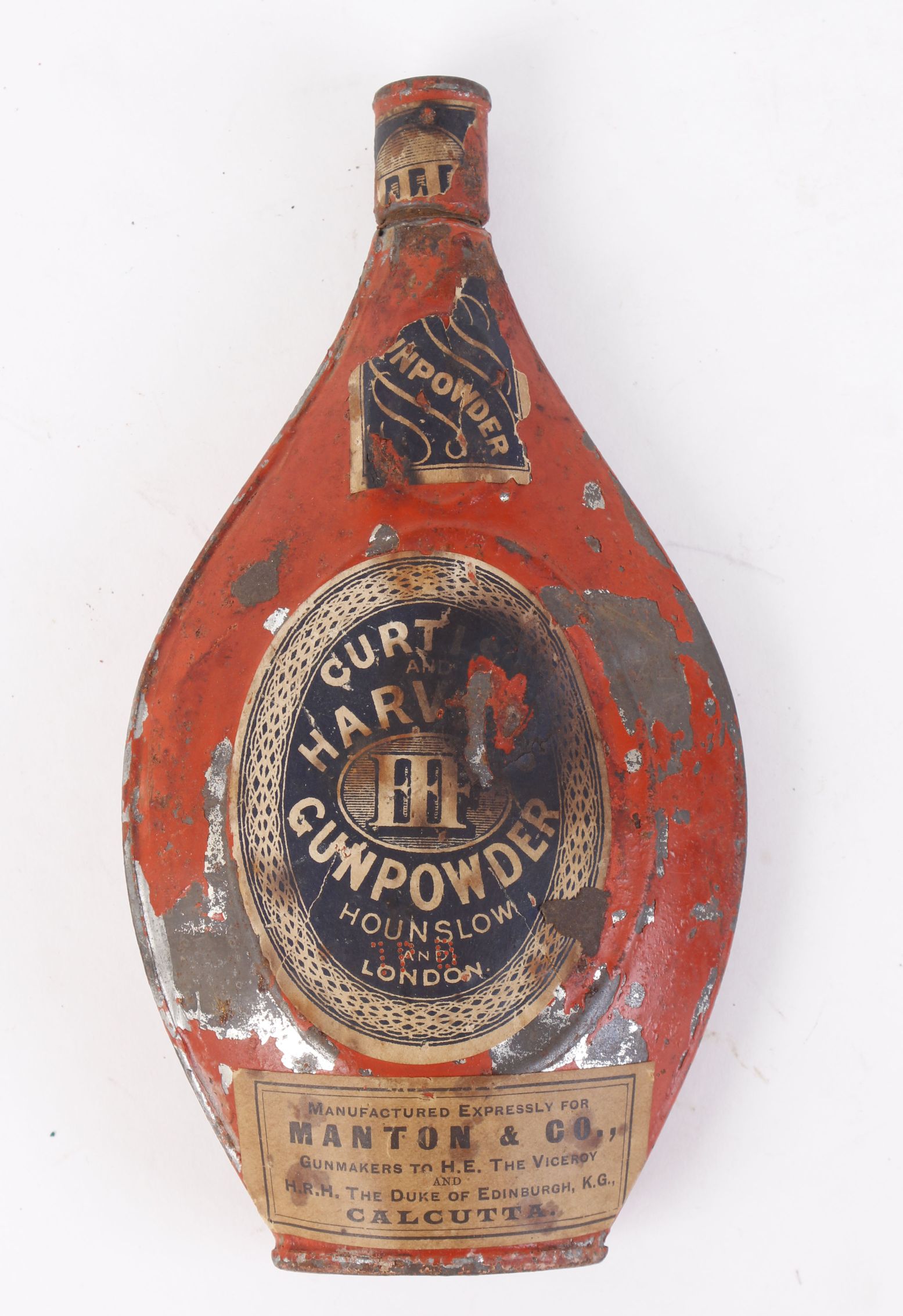 11¼ ins Carwell's Patent powder flask together with Curtis and Harvey powder tin with Manton label - Image 2 of 2