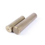 2 x brass puntgun cartridge cases, 1 1/8 ins and 1¼ ins