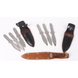 Pro Thro throwing knife, 6¼ ins blade, in leather sheath; together with two sets of 3 throwing