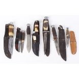 Wright & Son clip point knife, 5 ins blade, horn grips, in leather sheath with additional 3 ins