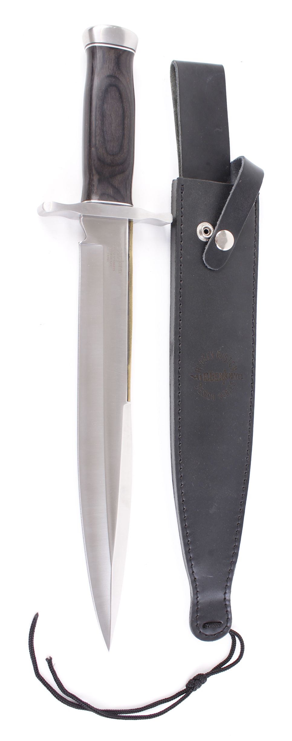 Hibben Custom sheath knife, 12 ins double edged stainless steel blade with inset brass ridge,
