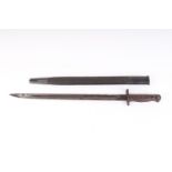 British P1907 bayonet with 17 ins fullered blade, wood grips, in steel mounted leather scabbard