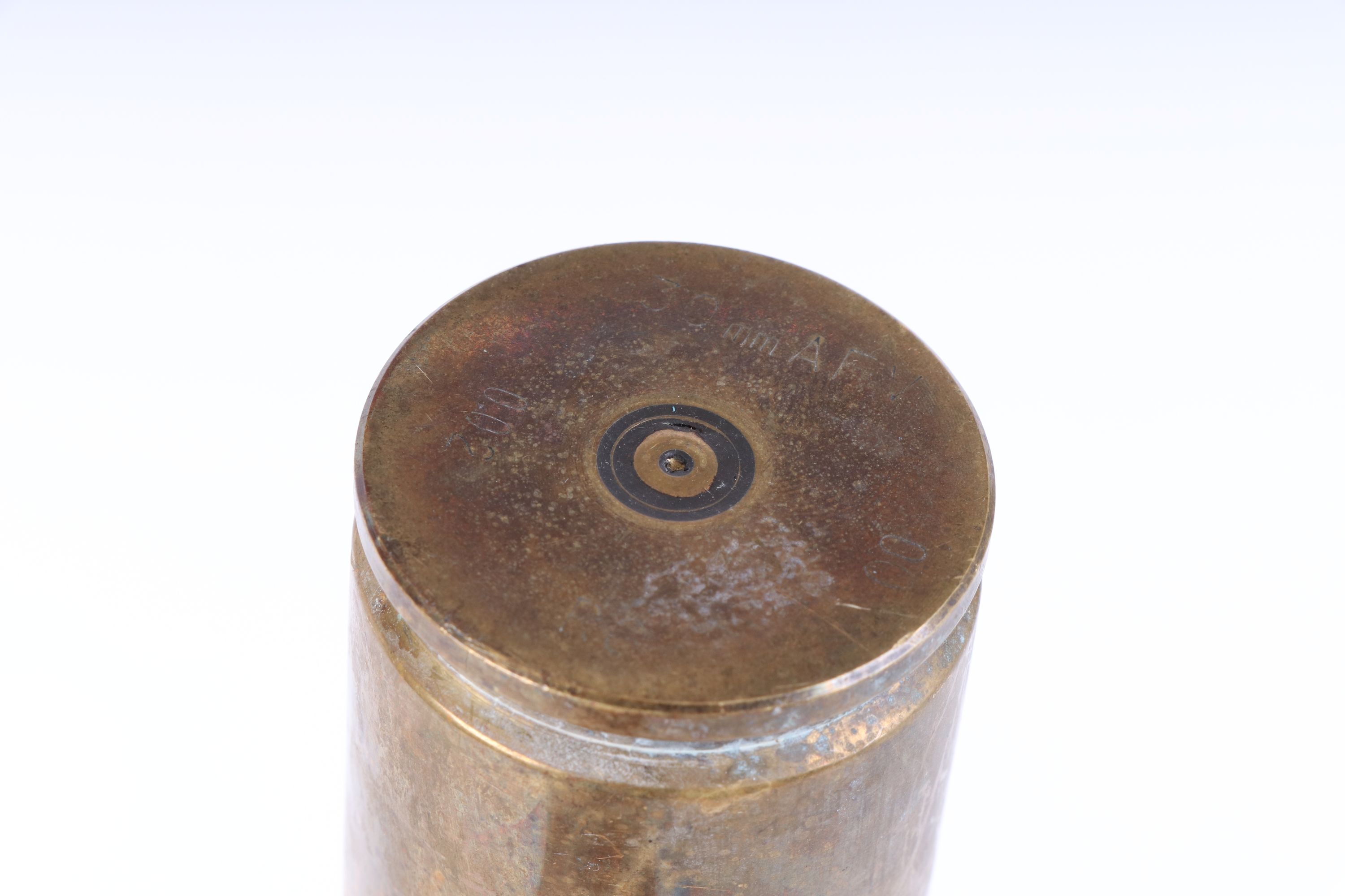 Three once fired rounds (brass case with head), to incl. 39mm AFV GAU8 round stamped US 1986 and - Image 5 of 5