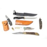 Hunting knife, 3½ ins blade, horn grips, leather sheath; Normark knife, 5 ins Fiskars blade, in
