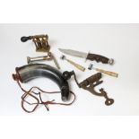 Bag containing powder horn, reloading tools incl. roll turnover, powder measures, and Bowie knife,