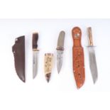 Wooden handled sheath knife by MV, 6¼ ins blade, Crosscut sheath knife, 5½ ins blade, and Original