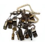 Various vintage whistles to include 'The Acme Thunderer' stamped broad arrowhead CN no.973-6266,