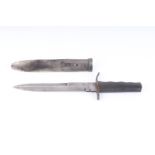 WWII Italian MVSN type fighting knife, 8 ins part saw backed blade, wood grips, in scabbard